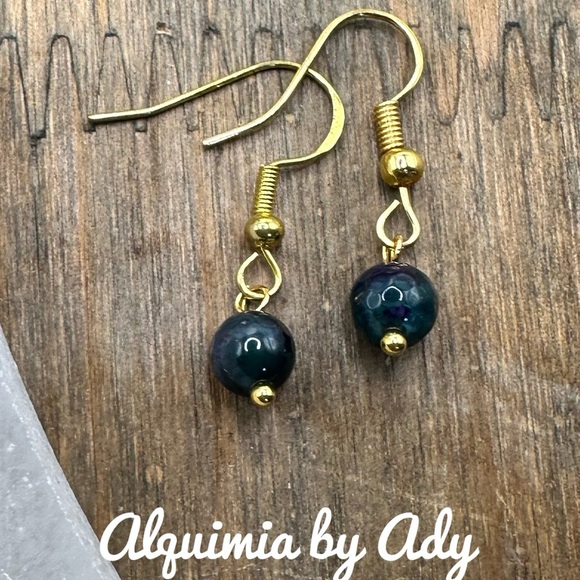 Gold-Toned Hook Earrings with Navy Bead - Picture 1 of 1